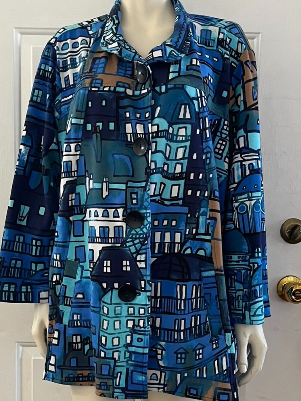 2 Ali Miles Plus-Size Blue Novelty Building/Geometric Button-front Tunic Sz 3x